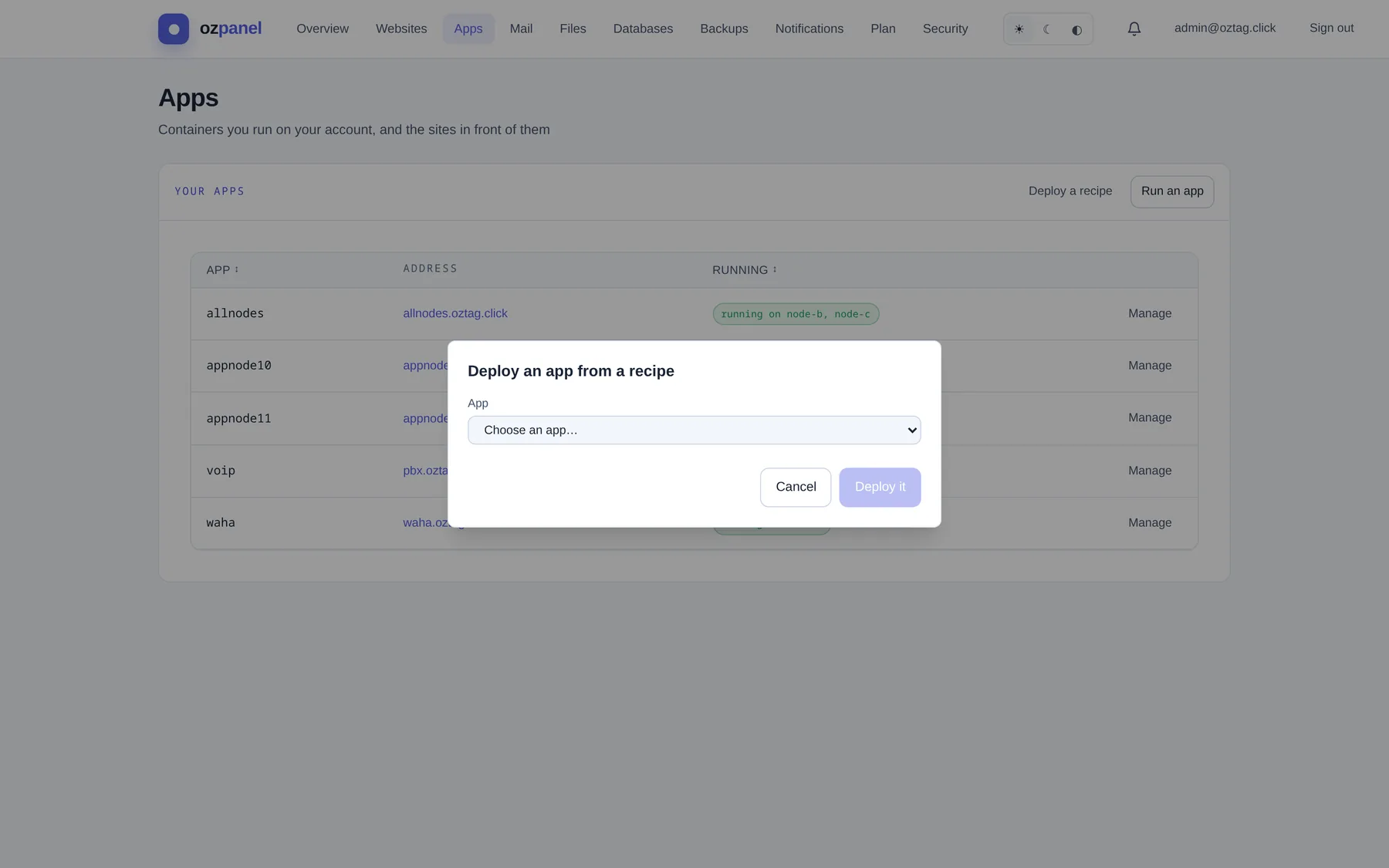 Deploy an app from a recipe. App, name, variant, address, settings. — ozpanel screenshot