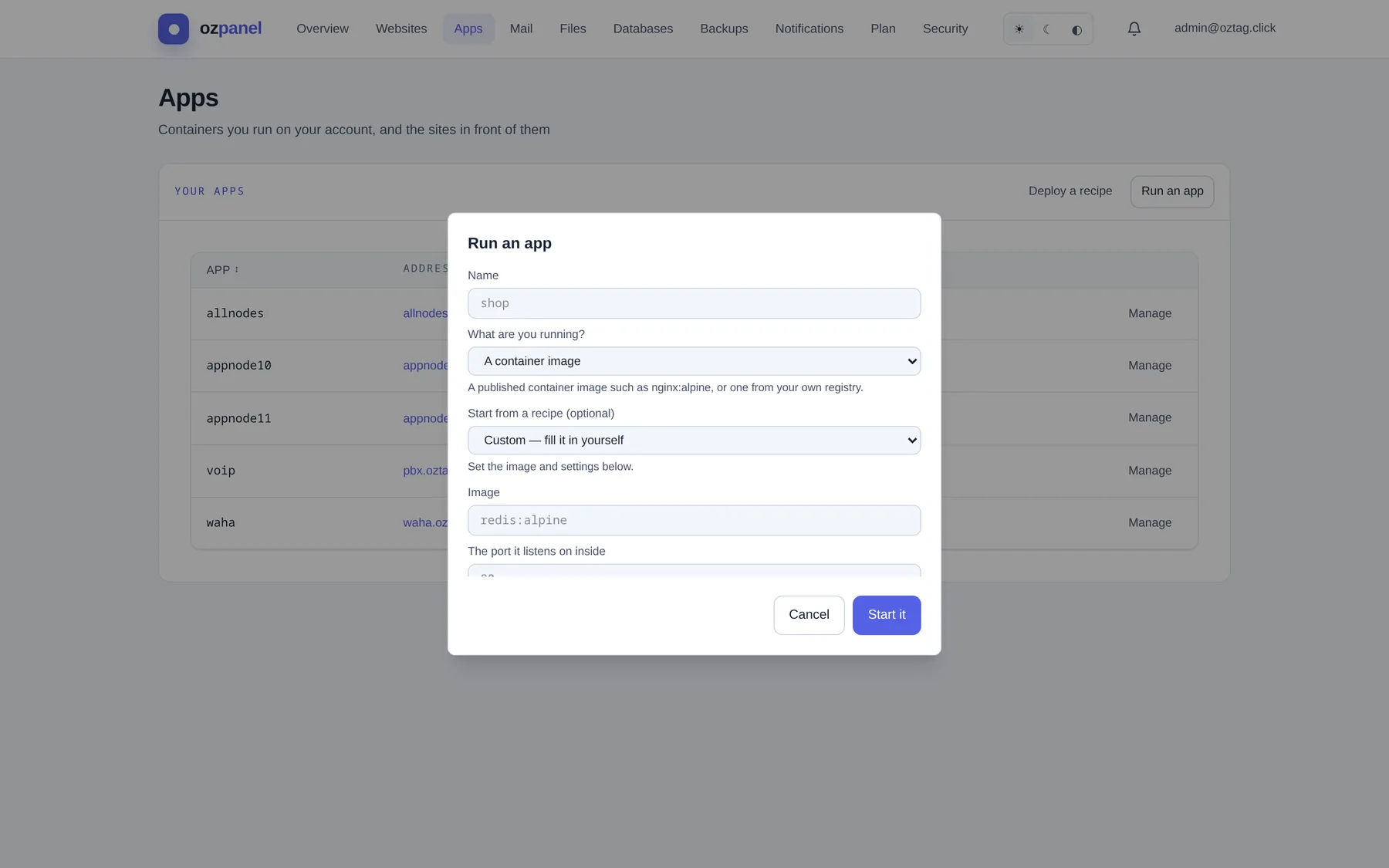 Apps. — ozpanel screenshot