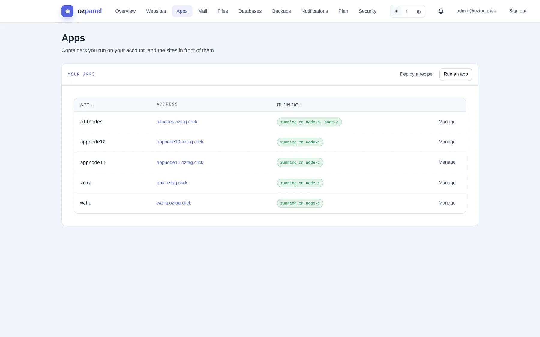 Apps. Name, address, where it runs. — ozpanel screenshot