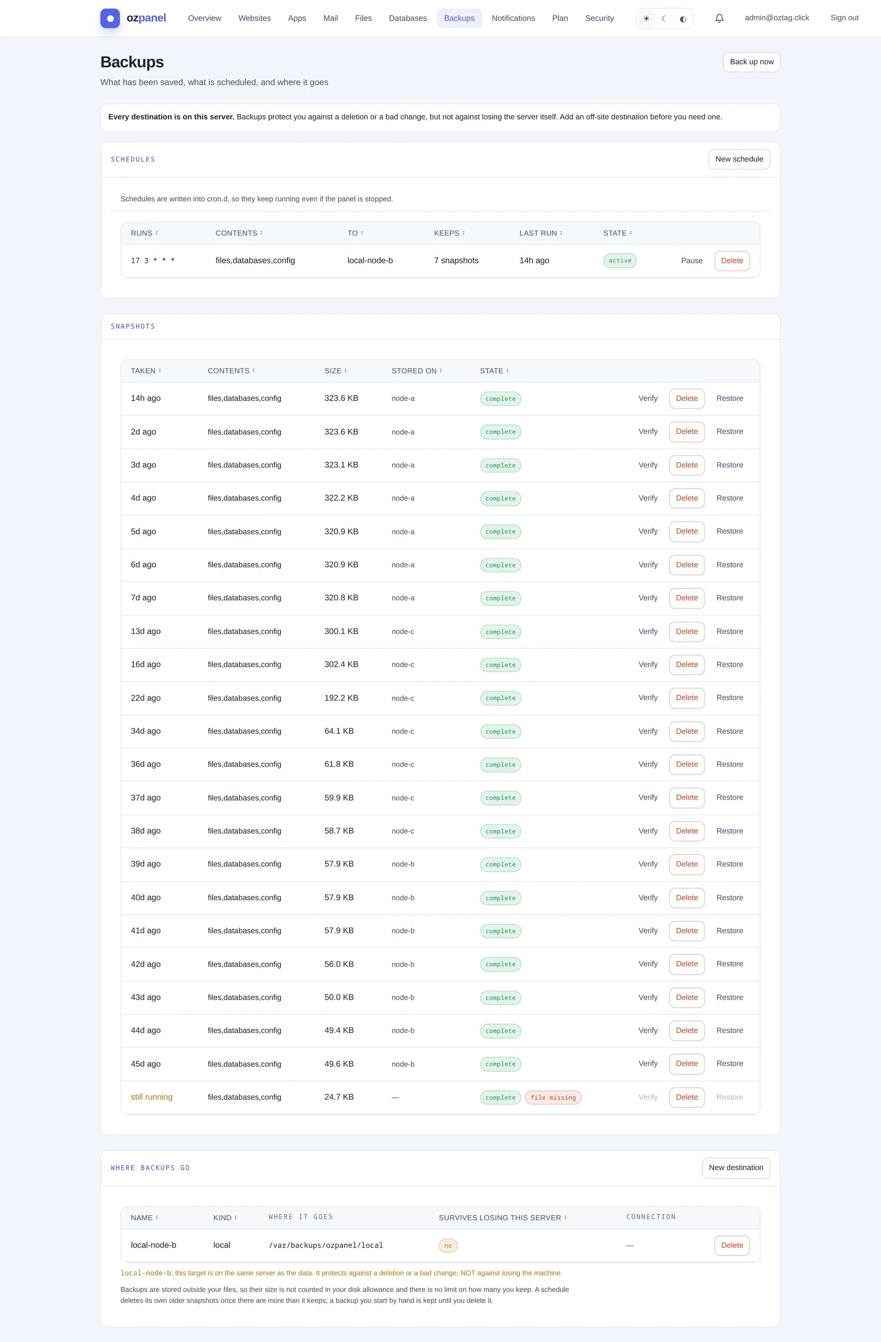 Tenant · Backups. — ozpanel screenshot