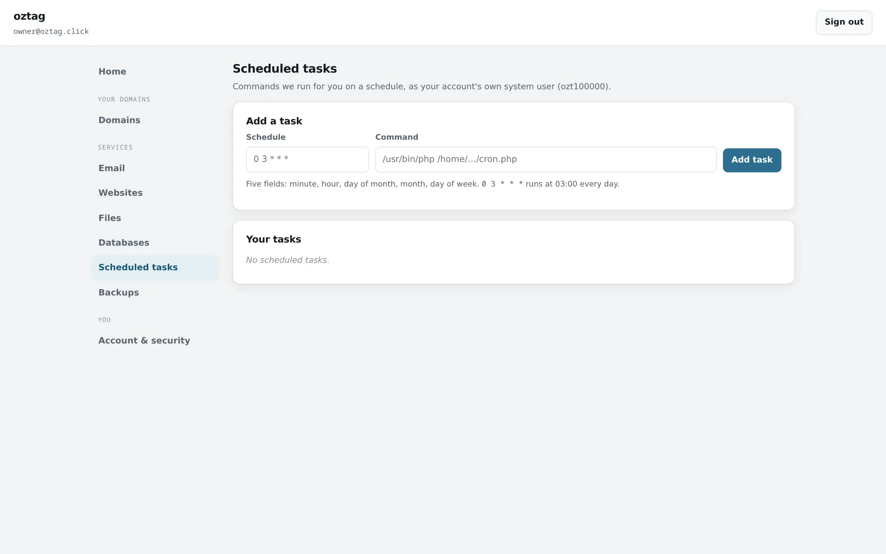 Tenant · Databases & tasks. — ozpanel screenshot