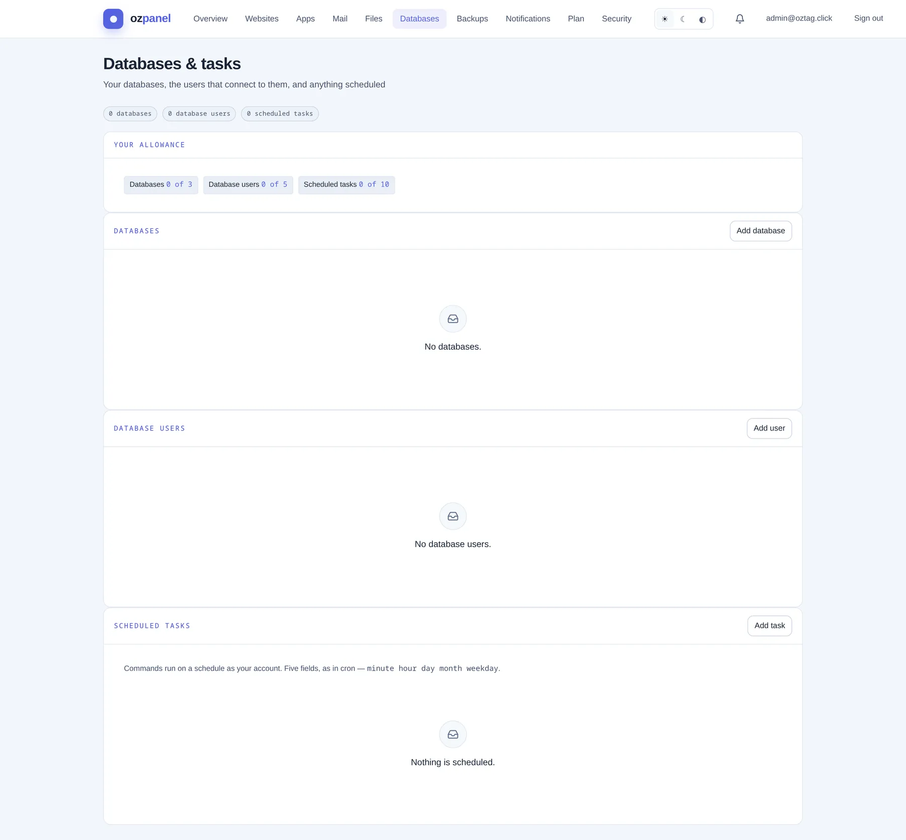 Databases & tasks. Allowance, databases, users. — ozpanel screenshot