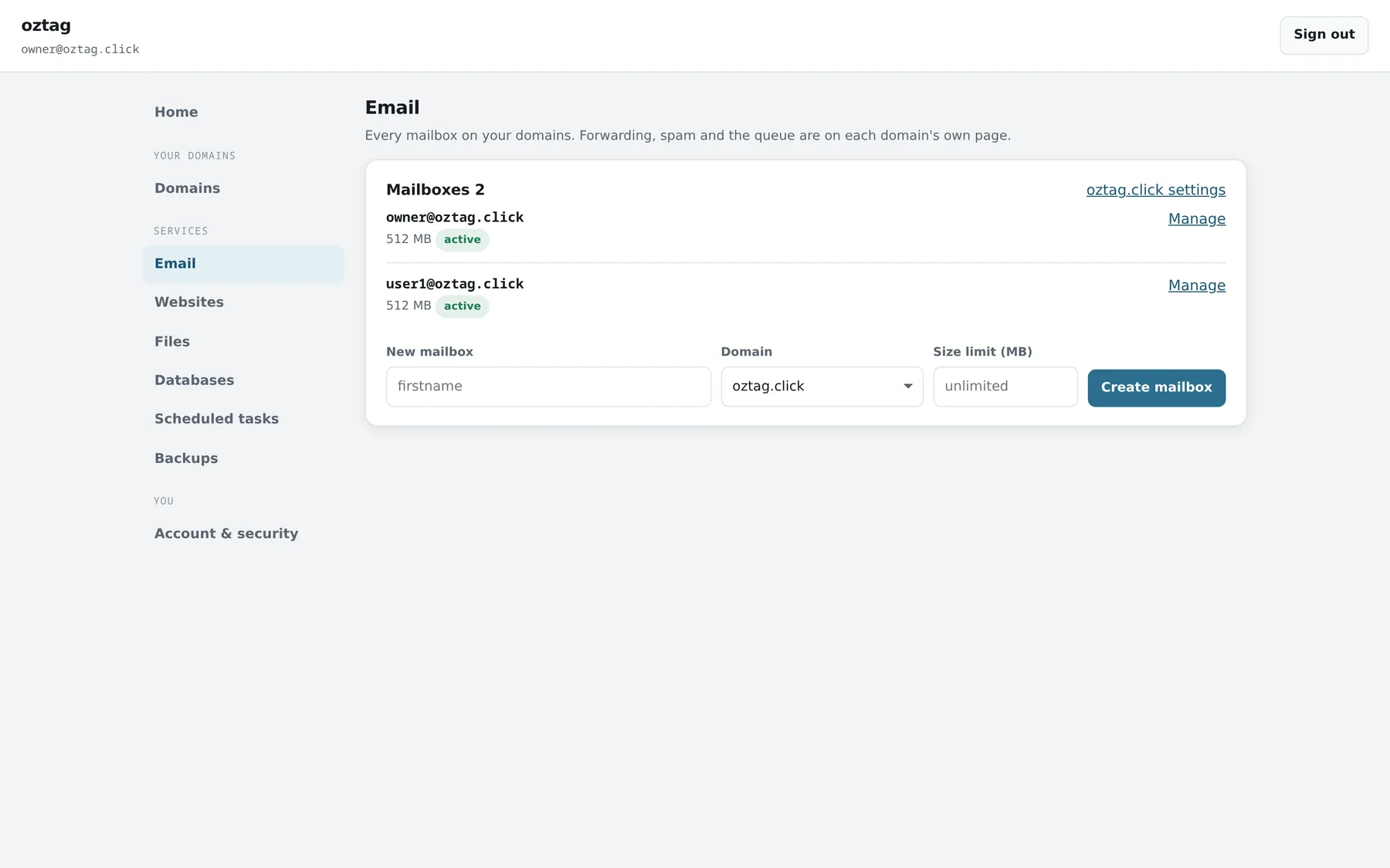 Tenant · Mail. — ozpanel screenshot