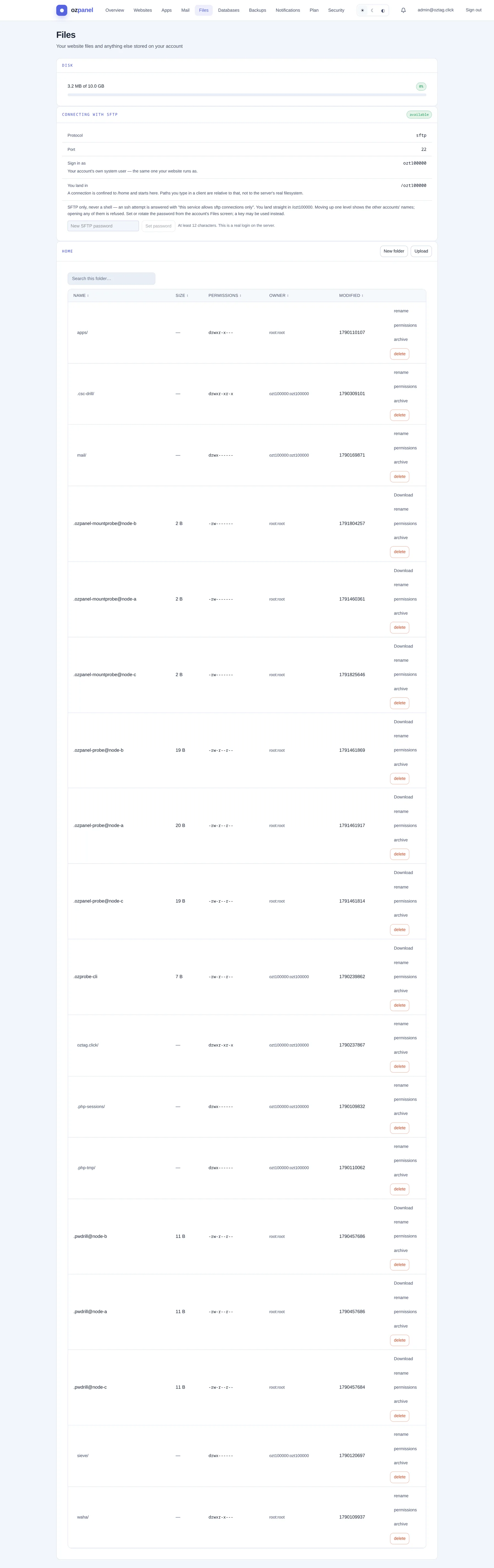 Tenant · Files. — ozpanel screenshot