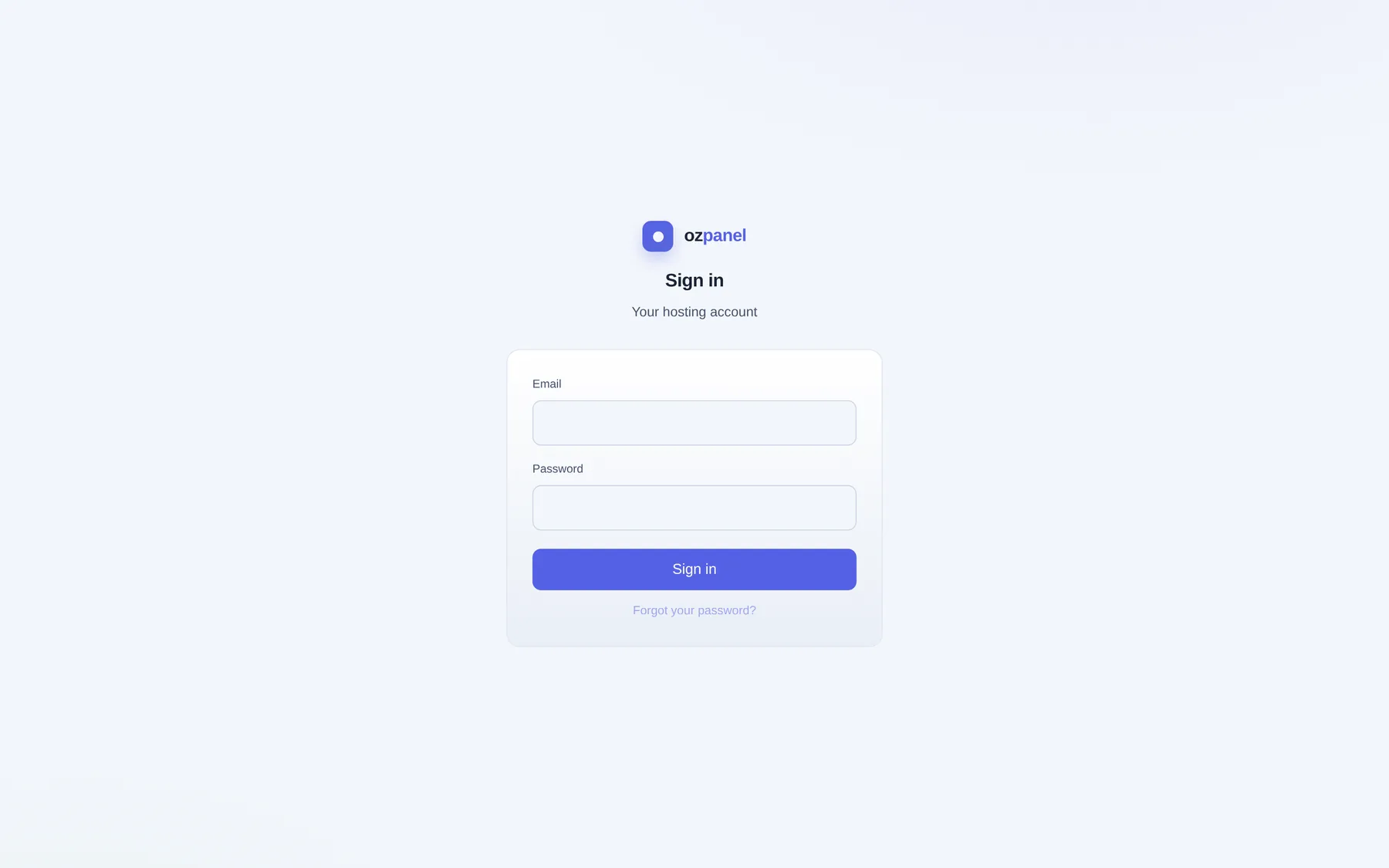 Sign in. Email, password, then the code if two-factor is on. — ozpanel screenshot