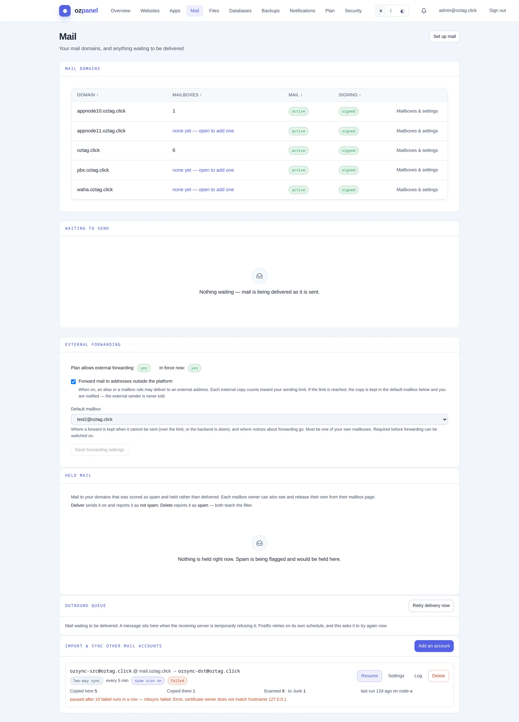 Import & sync. Source account, mode, schedule, spam scan. — ozpanel screenshot