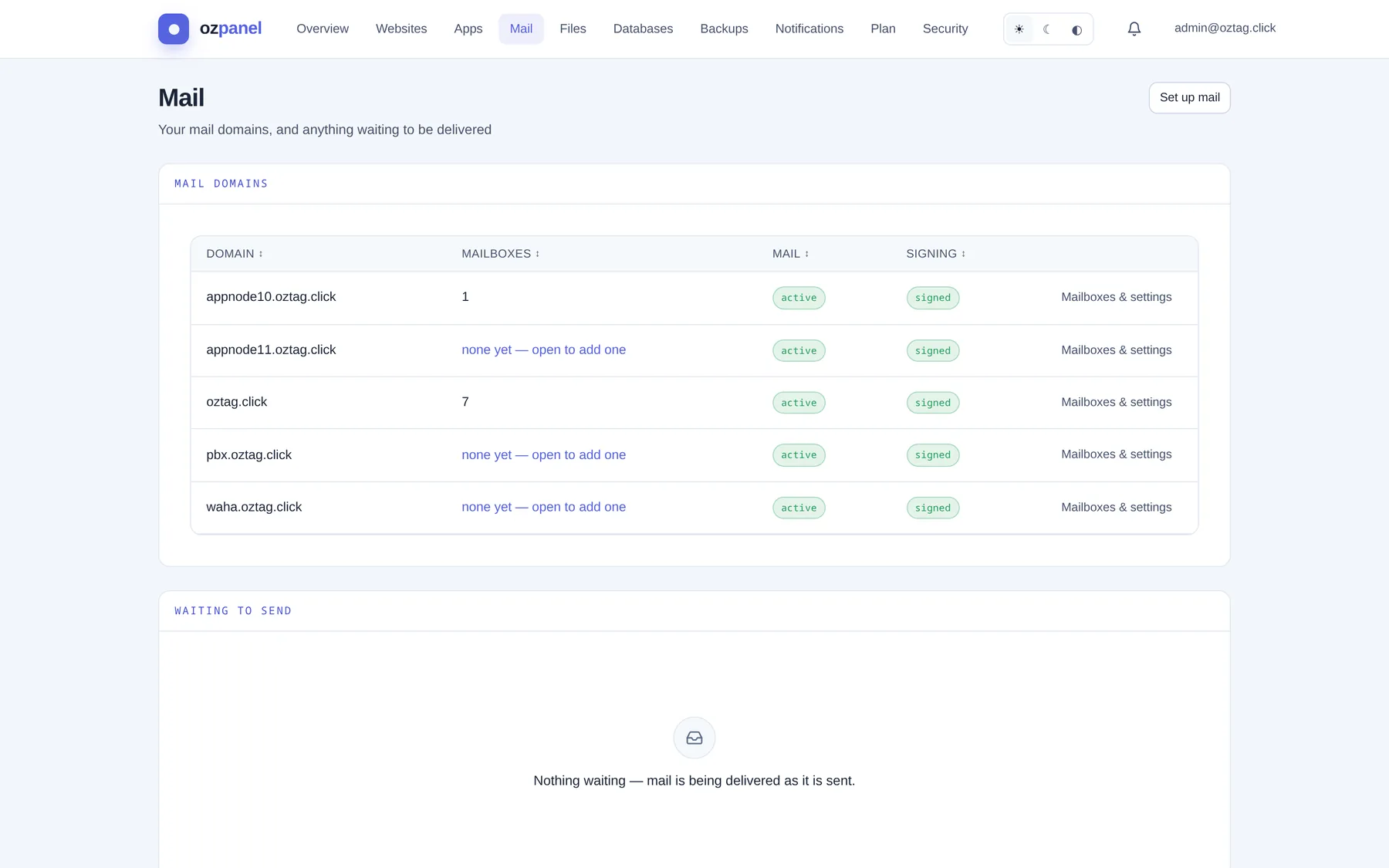 Mail. Domains, mailbox counts, signing; the send queue. — ozpanel screenshot