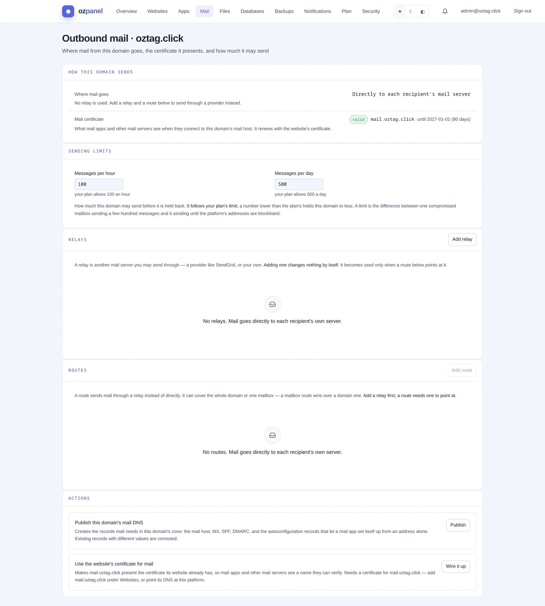 Mail routing. — ozpanel screenshot