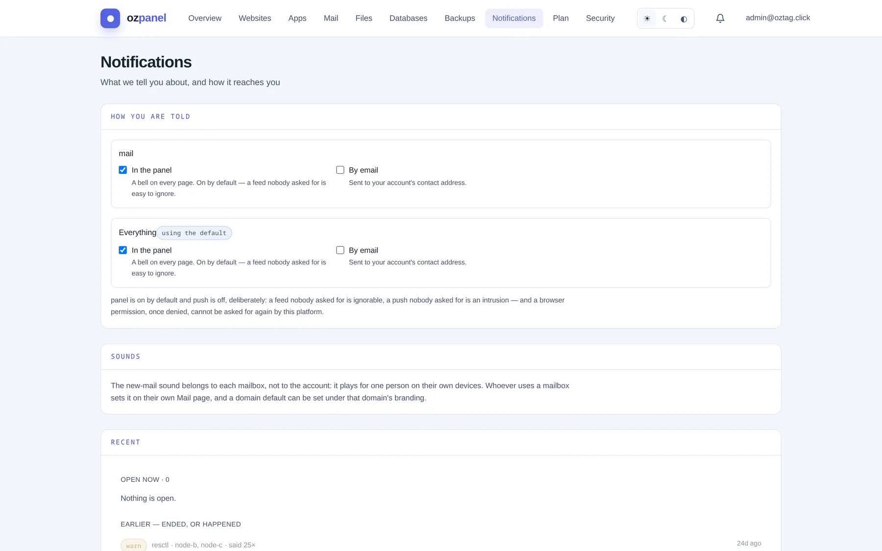 Notifications. Per event: in the panel, by email. Then the feed. — ozpanel screenshot