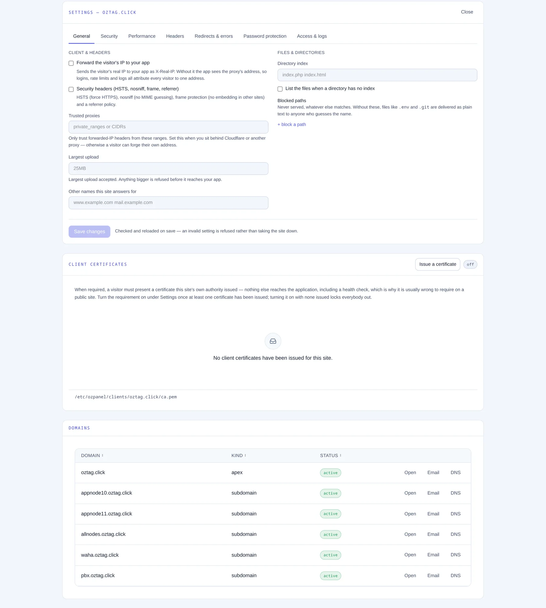 Websites. — ozpanel screenshot