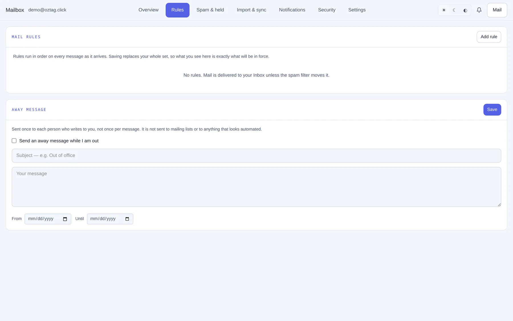Rules. Mail rules, away message. — ozpanel screenshot