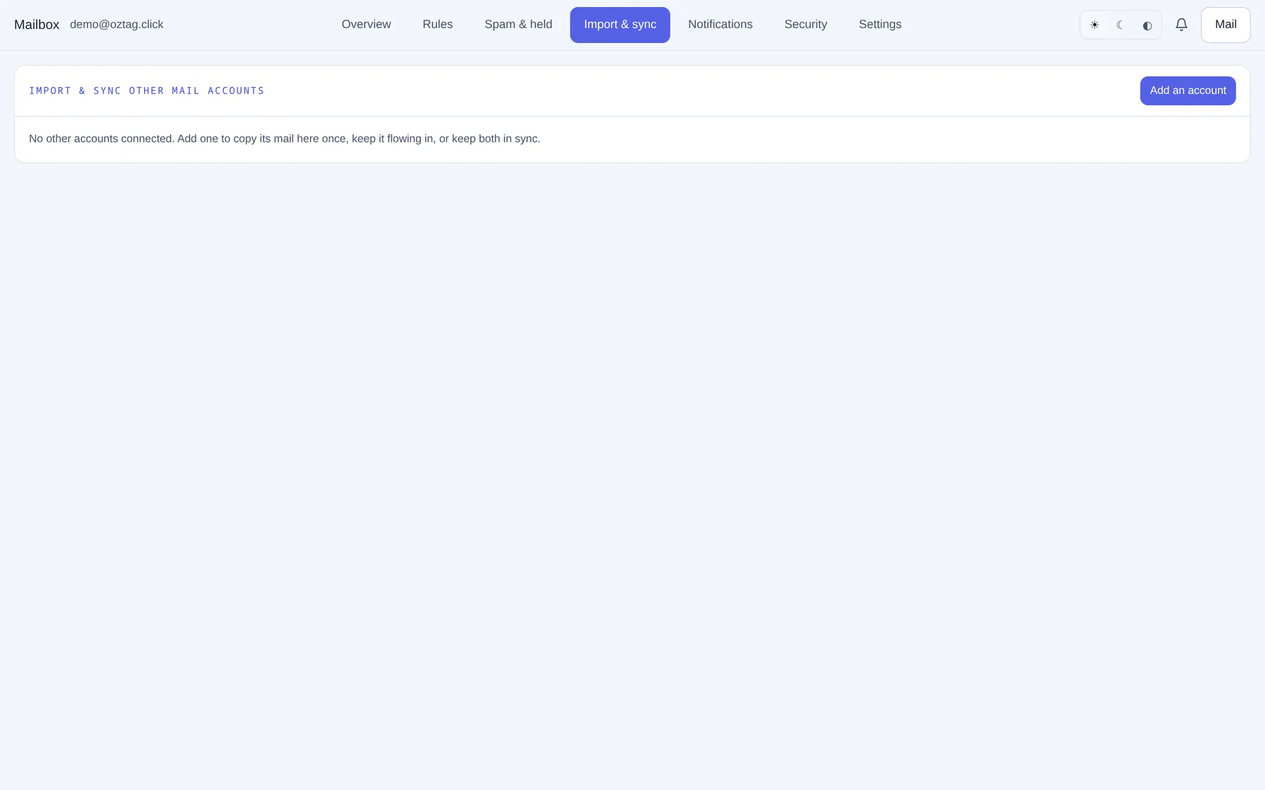 Import & sync. No accounts yet; Add an account. — ozpanel screenshot