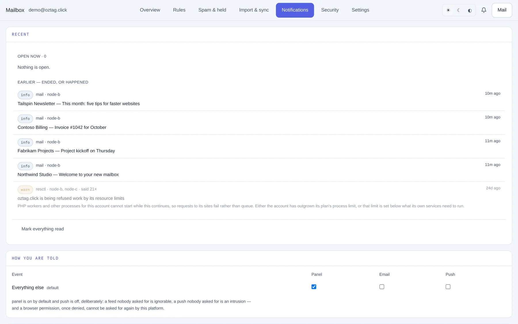 Notifications. Recent, how you are told. — ozpanel screenshot