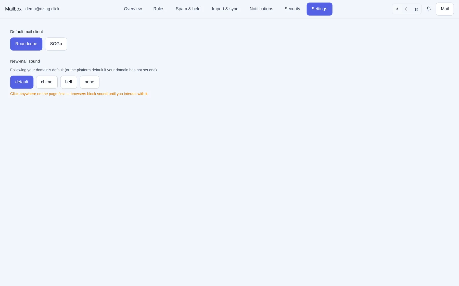 Settings. Default mail client, new-mail sound. — ozpanel screenshot
