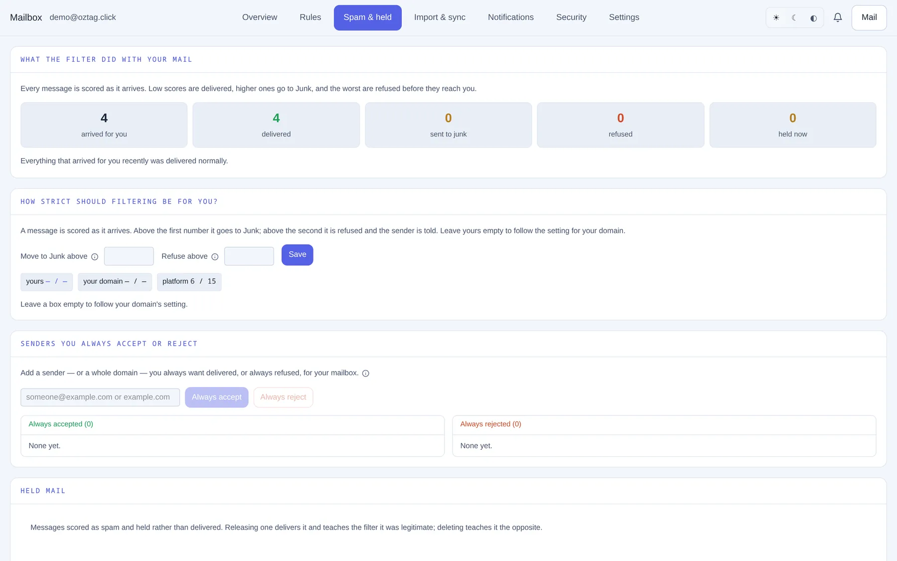 Spam & held. — ozpanel screenshot