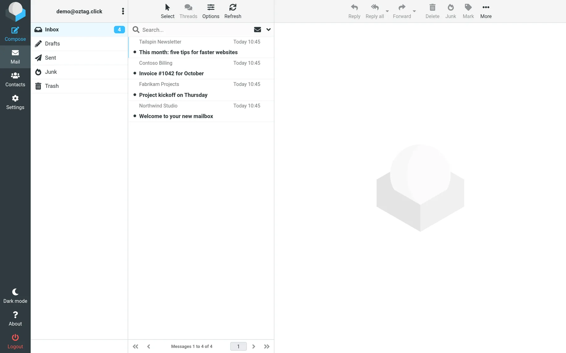 Roundcube. Folders, messages, reading pane. — ozpanel screenshot