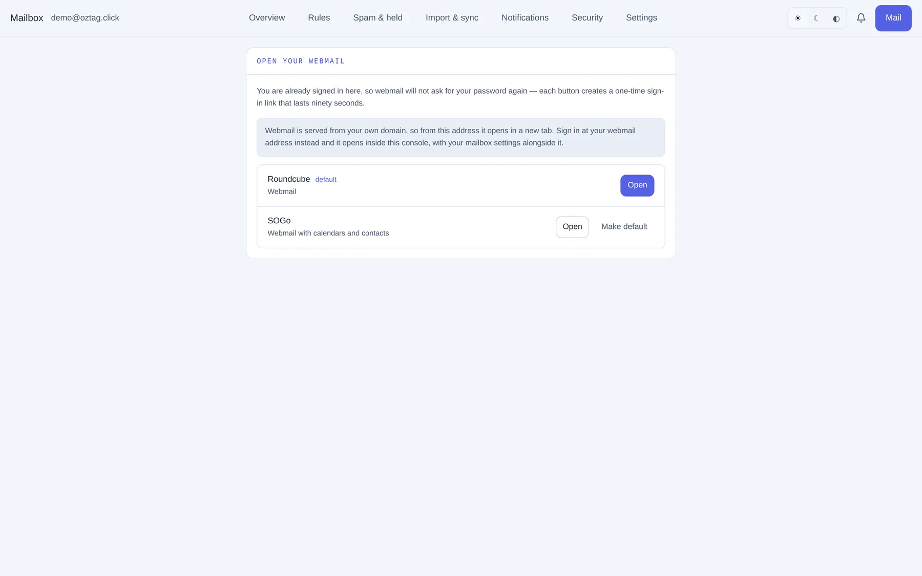 Open your webmail. Roundcube, SOGo. — ozpanel screenshot